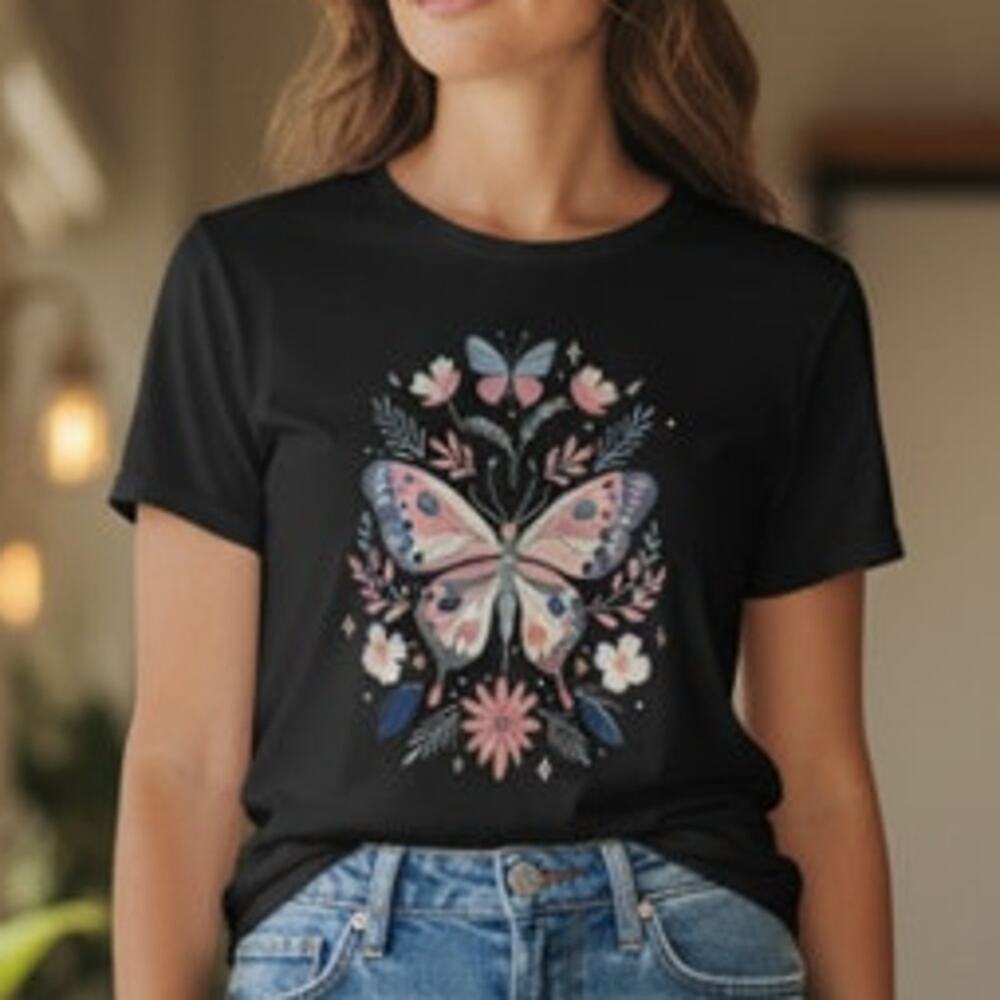 NWT ~ Women's Black T-Shirt Colorful Pink & Blue Butterfly Design Top ~ XL
